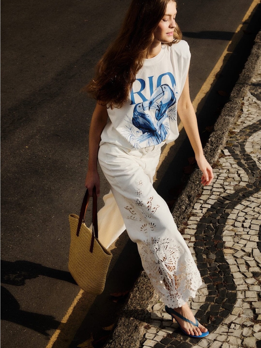 FARM Rio Cream Wide-Leg Pants with Crochet Cutouts - Picture 2 of 5